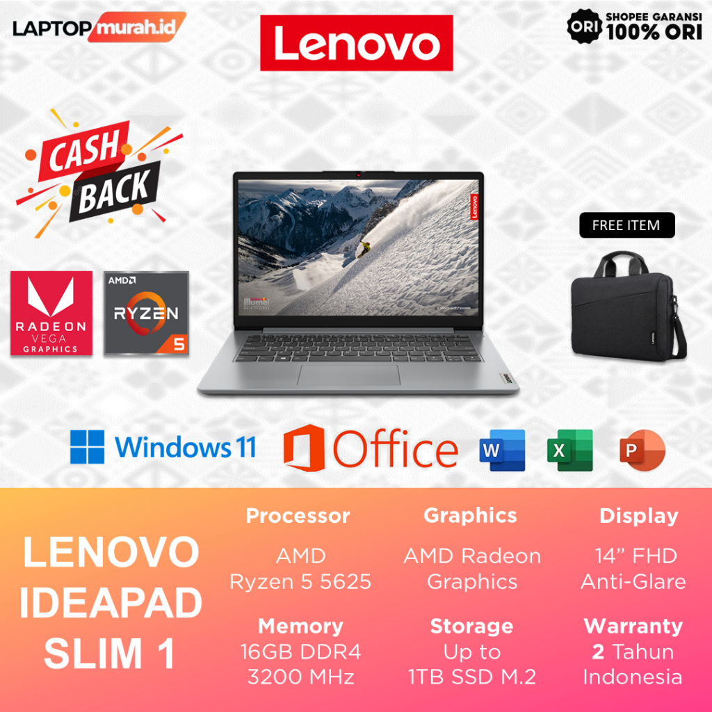 Laptop Lenovo Ryzen 5 5625U 16GB 1TB 14.0" Full HD Win11+OHS - Ideapad Slim 1 14ALC7