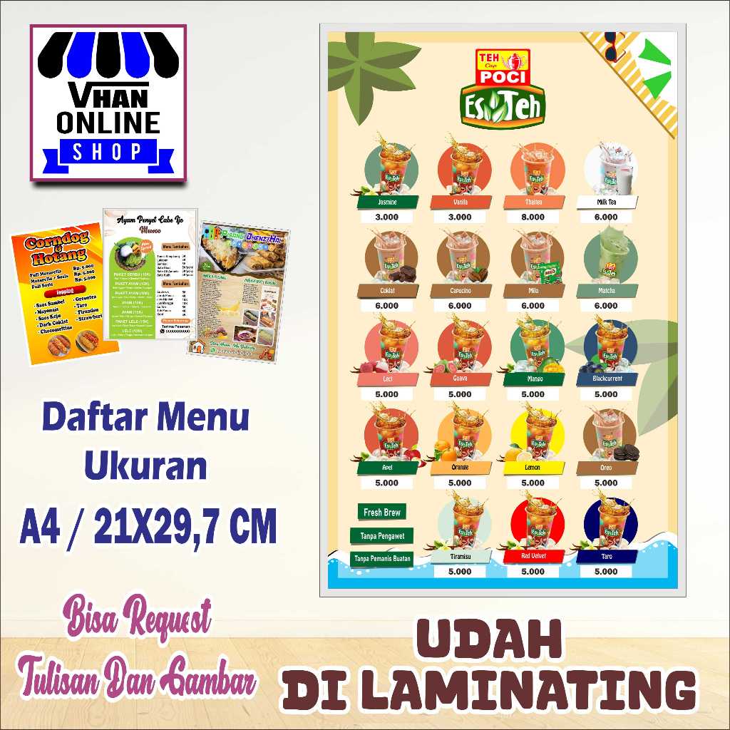 

Cetak Poster Daftar Menu Jualan Es teh Design Bebas