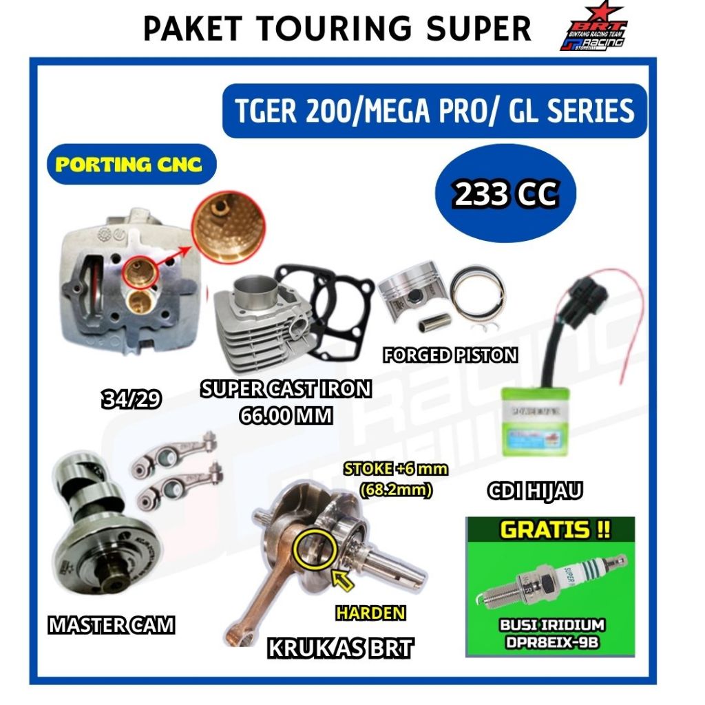 Paket Bore Up Tiger 200/Mega Pro Primus/GL-Head-Blok Piston-CDI-Cam-Kruk As-BRT Paket Touring 5