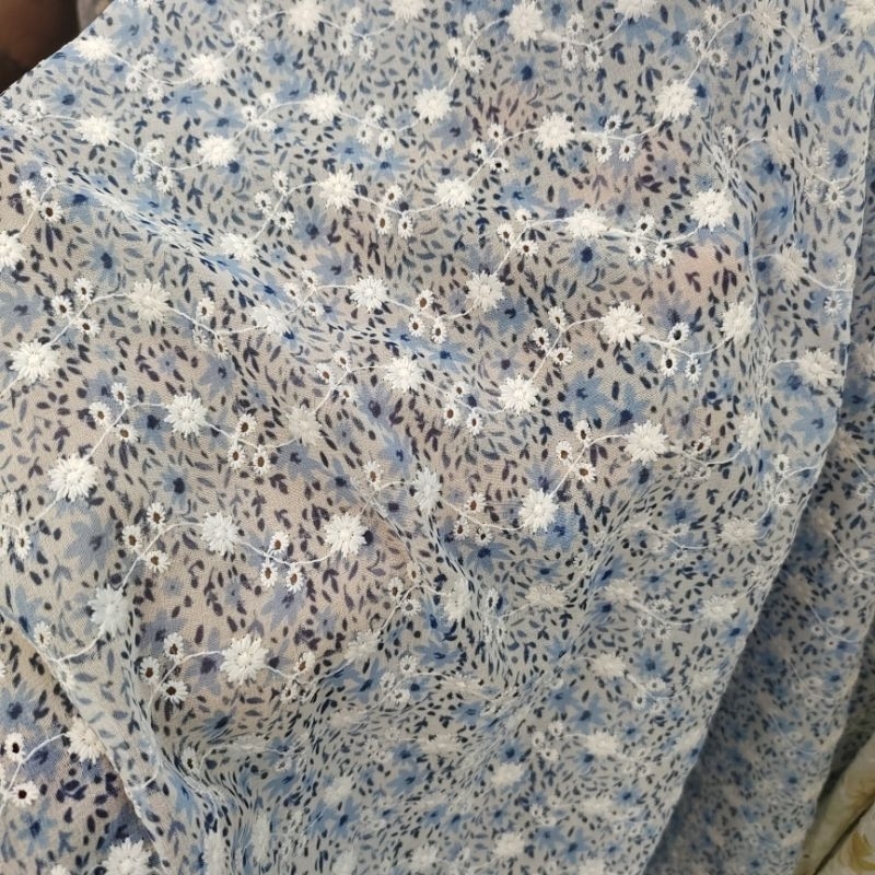 Kain Bunga Lengan Panjang - kain chiffon bordir embos - kain sifon  bordir - bahan ceruty premium - 