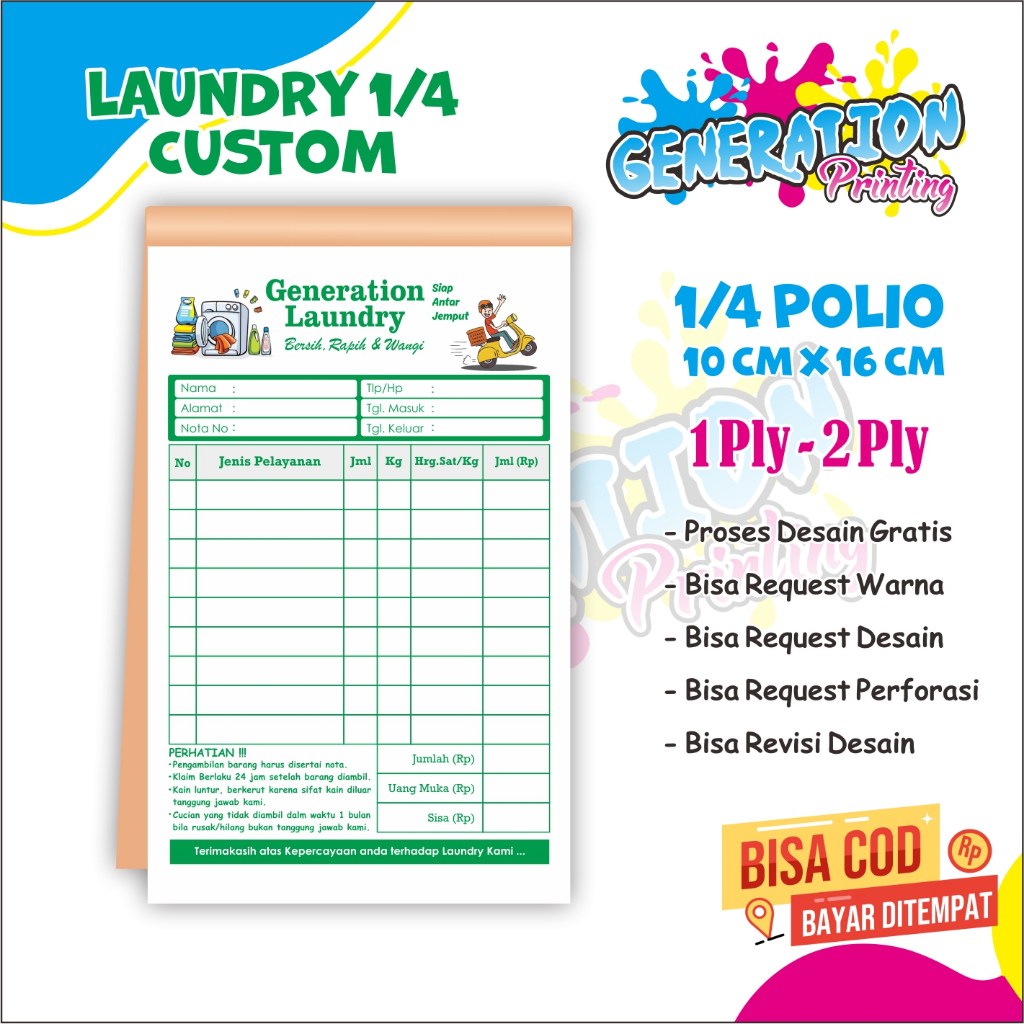 

Generation Printing Laundry Custom Ukuran 1/4 Folio Isi 50 Lembar Bebas Custom Desain Nama Laundry