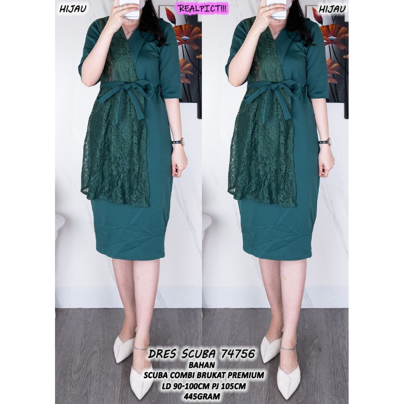 Busana Wanita DRES SCUBA 74756 Brukat Premium Berkualitas Tinggi - Pendek, Dewasa, Baju, Midi, Hitam