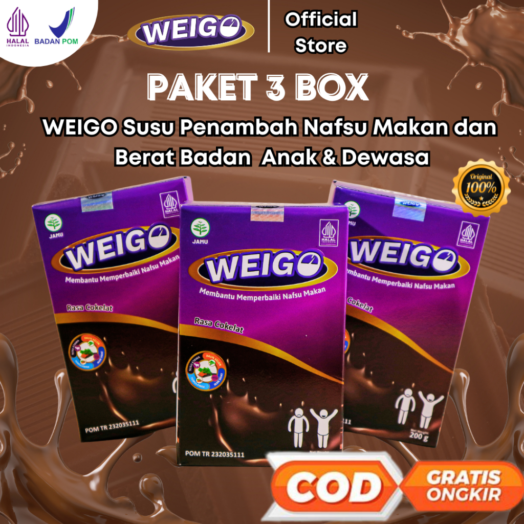 

WEIGO Paket 3 Box Susu Menambah Nafsu Makan, Berat Badan, Penggemuk Badan Dewasa & Anak BPOM Halal