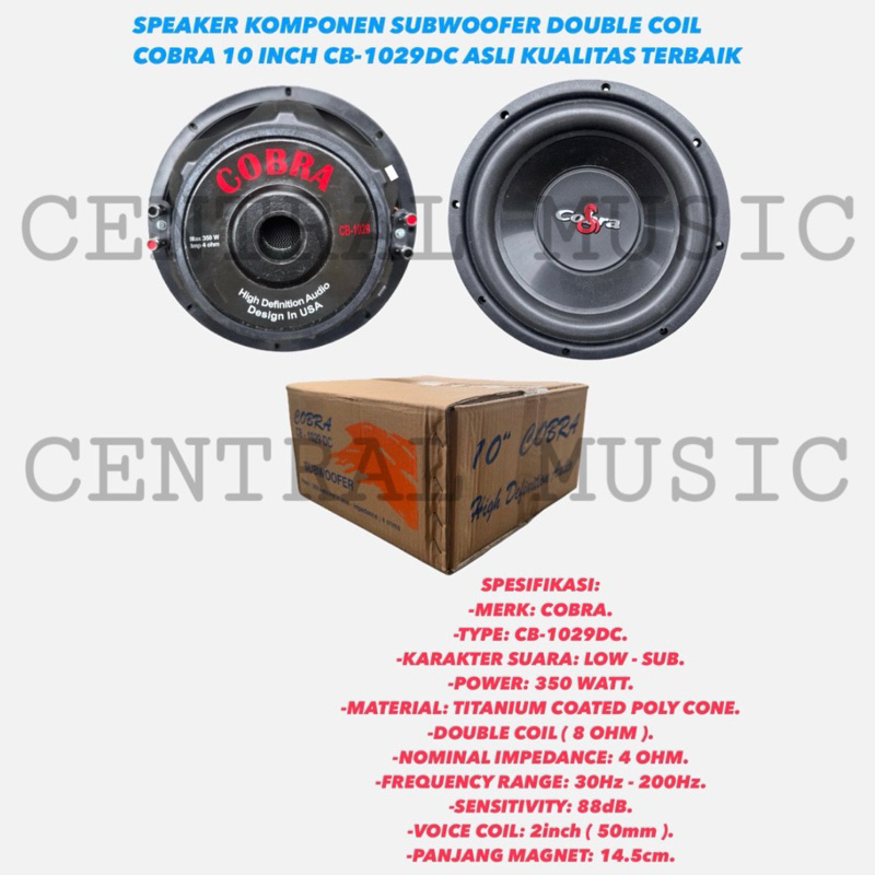 SPEAKER KOMPONEN SUBWOOFER DOUBLE COIL COBRA 10 INCH CB-1029DC ASLI KUALITAS TERBAIK
