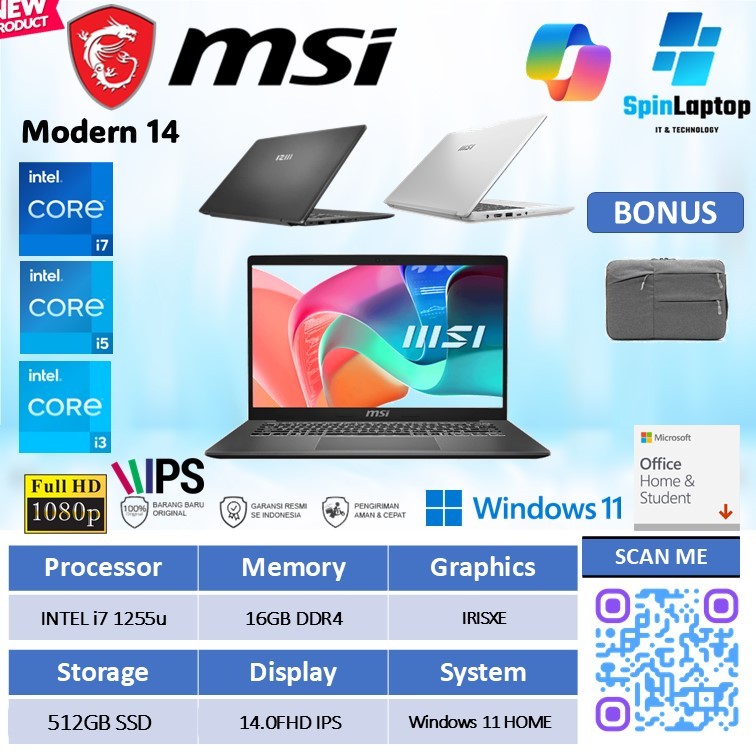 LAPTOP MSI MODERN 14 CORE I7 1255U RAM 16GB SSD 512GB WINDOWS 11 OHS FHD IPS BLIT