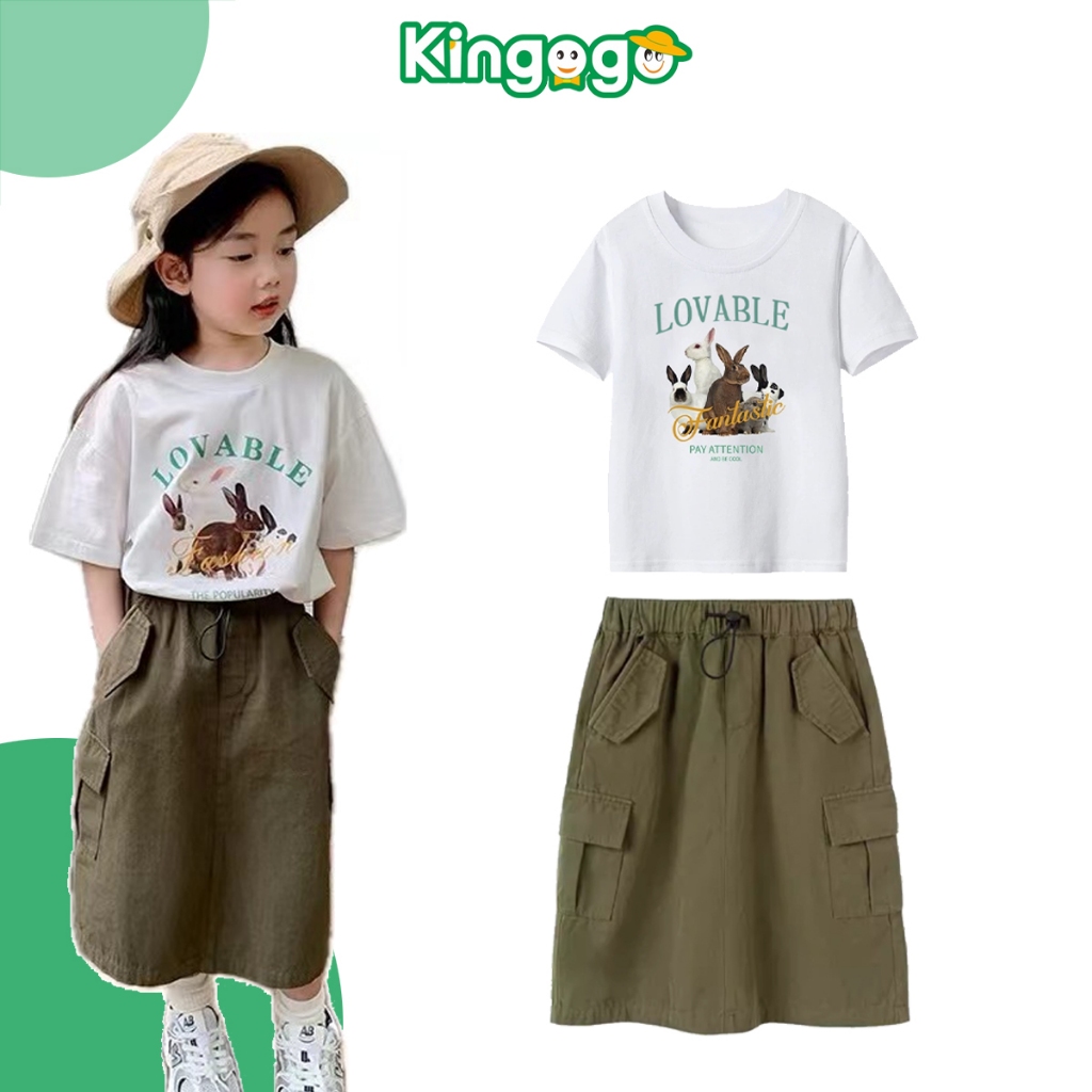 KINGOGO Setelan Rok Cargo Anak Perempuan Oneset Anak Cewek Setelan Anak Perempuan Set Cargo Atasan L