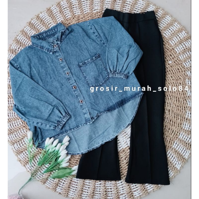 Setelan Anak Perempuan Vior Atasan Kemeja Jeans Crop + Celana Cutbray Scuba Terbaru
