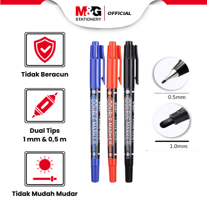 

M&G Spidol Dual Tip Permanen Mukltifungsi Disemua Permukaan Tidak Mudah Pudar Marker Double Tps 1 mm dan 0.5 mm black Blue Red Spidol