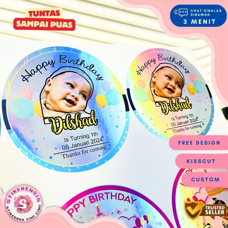 

2-4 Stiker Hologram Ulang Tahun Anak Anti Air Bulat Label Sticker Happy Birthday Stikerensis