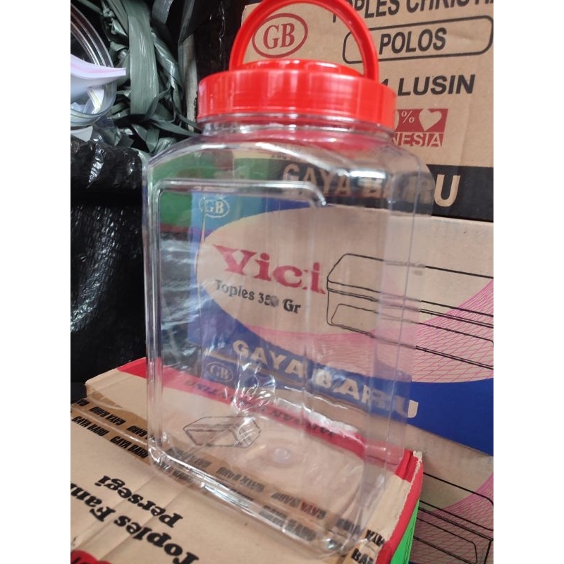 Toples Plastik Bening Kotak 4 Liter Tutup Gagang Putar Merah. Foodgrade and Drinkgrade.