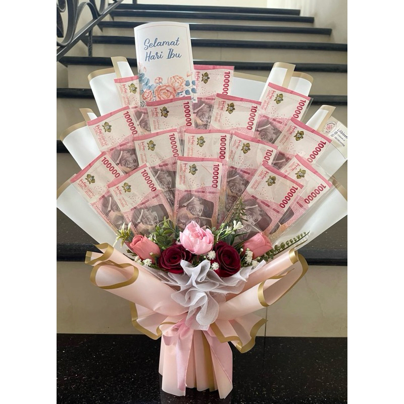 buket uang asli warna putih 15 lembar 100.000