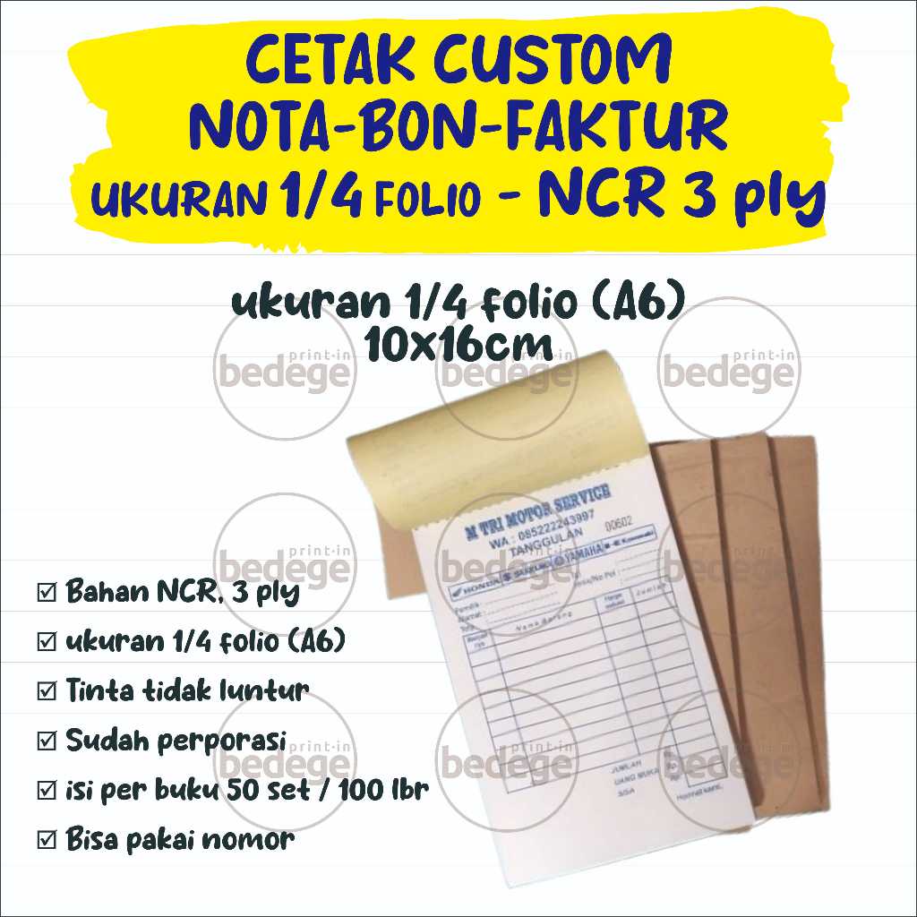 

CETAK NOTA BON FAKTUR NCR 3PLY, CUSTOM NAMA TOKO, WARUNG, PERUSAHAAN, LEMBAGA, LAUNDRY, BENGKEL MOTOR DLL UKURAN 1/4 FOLIO (A6), 10CM X 16 CM
