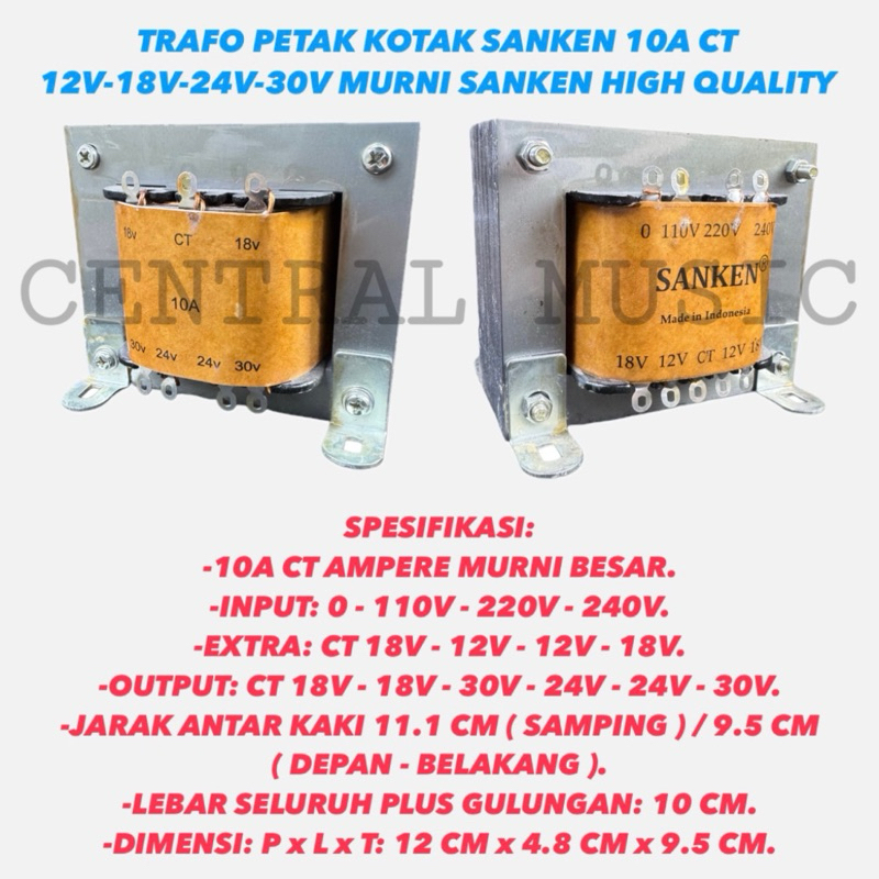 TRAFO PETAK KOTAK SANKEN 10A CT 12V-18V-24V-30V MURNI SANKEN HIGH QUALITY