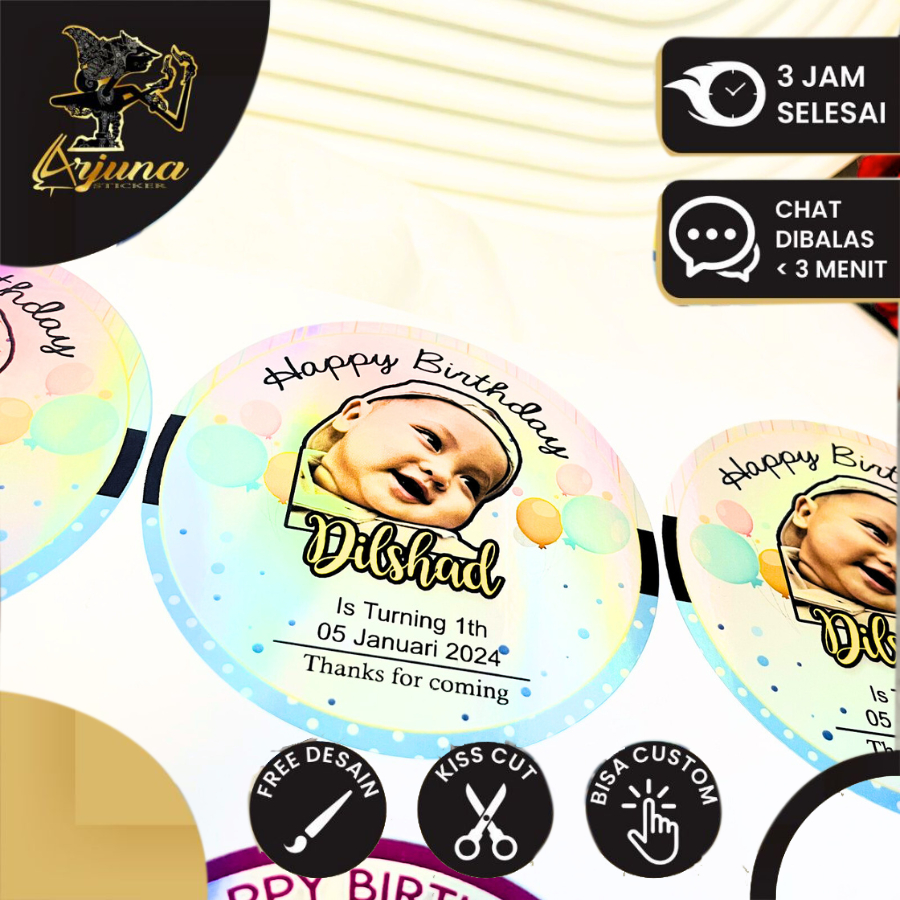 

2-4 Hologram Stiker Ulang Tahun Sticker Label Undang Happy Birthday Uk.Kecil Arjuna Free Design