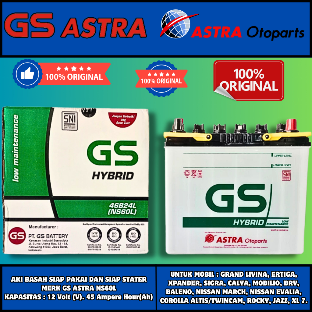 AKI MOBIL SIGRA MOBILIO AGYA CALYA XPANDER CALYA ALTIS JAZZ NS60L GS ASTRA , ASPIRA HYBRID AKI BASAH