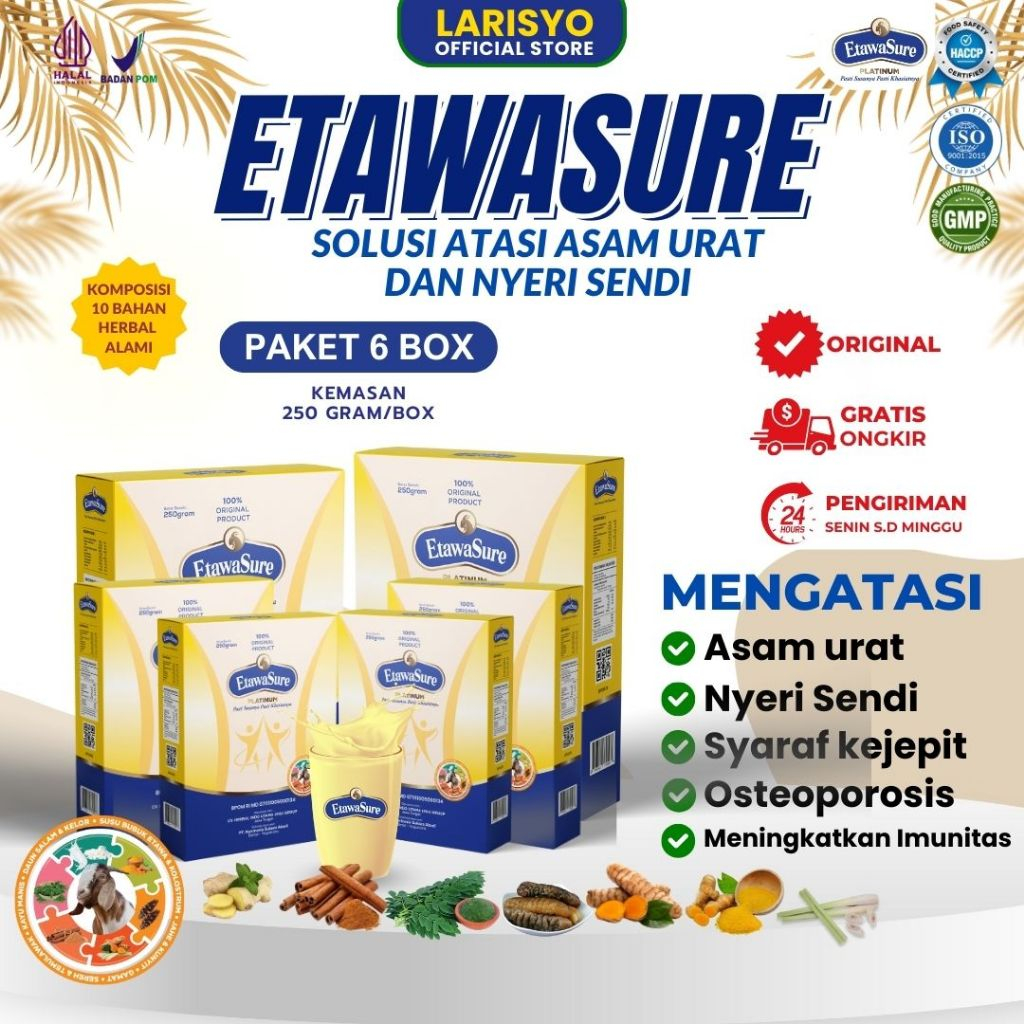 

Etawasure Platinum Susu Kambing Etawa Untuk Asam Urat, Tulang dan Sendi Rasa Jahe Kemasan 250gr Paket 6 Box