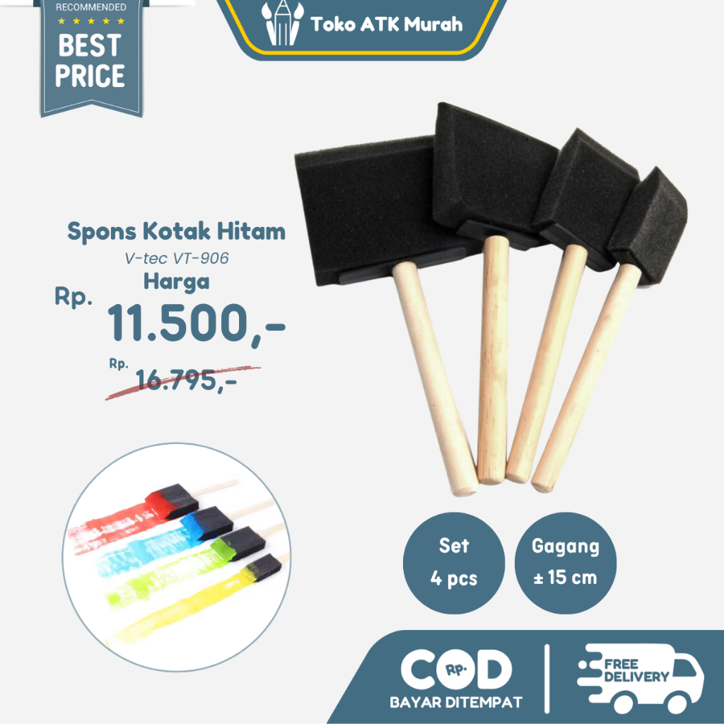 

V-Tec Spons Kotak Hitam VT-906 isi 4 pcs / Foam Brush Busa Kuas Lukis