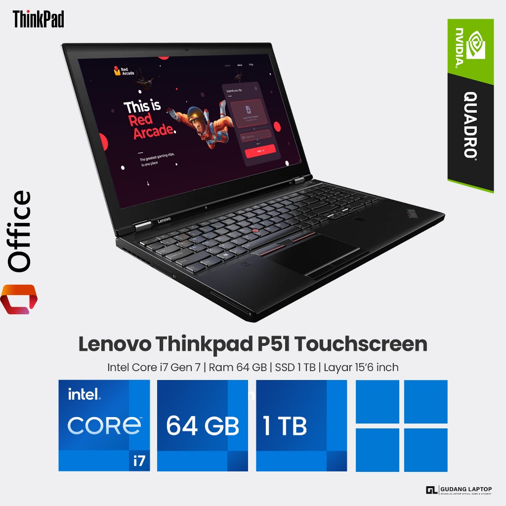 Laptop Gaming Lenovo Thinkpad P51 Core i7 Gen 7 Ram 64 GB SSD 1 TB VGA Nvidia Quadro Layar 15 inch T
