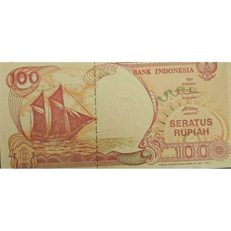 Uang Kuno Negara Indonesia 100 rupiah perahu layar 1991 Benang emas UNC GRESS Dijamin Original 100%