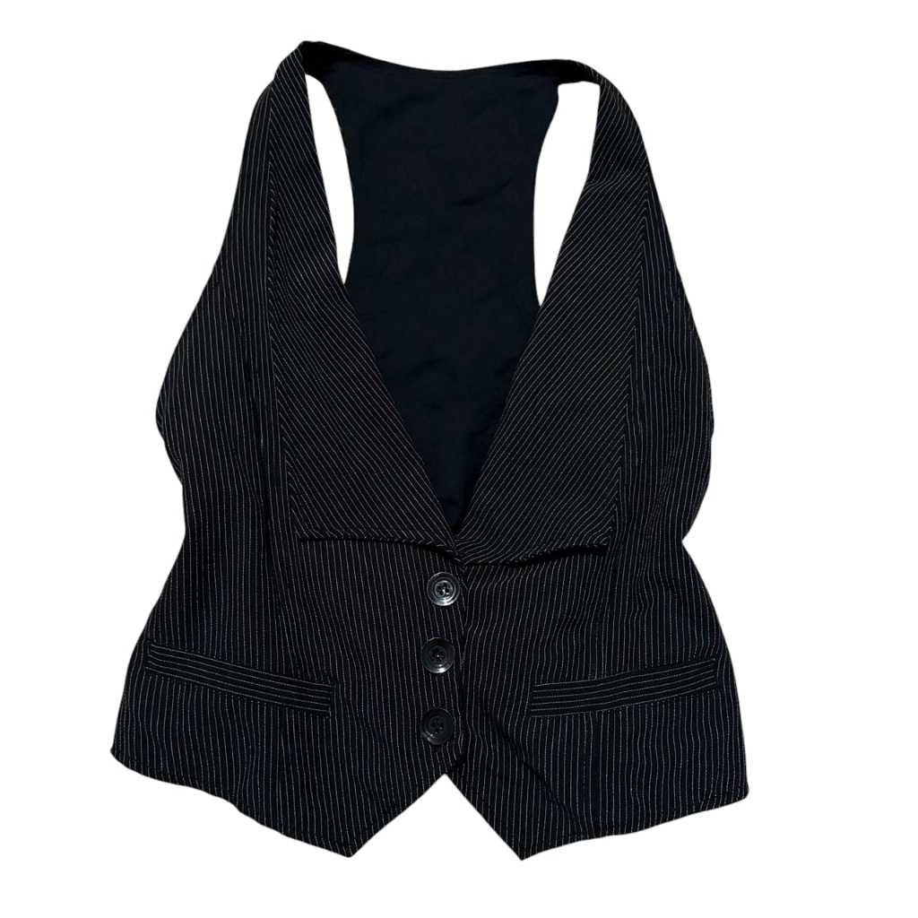 Buttoned Pinstripe Buckled y2k Collared Vest | Preppy bodycon pressbody buckle ikat pinggang adjusta