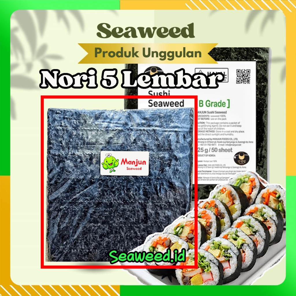 

MANJUN 5 LEMBAR Rumput Laut Seaweed Sushi Nori Halal MUI Kimbap Sushi HALAL