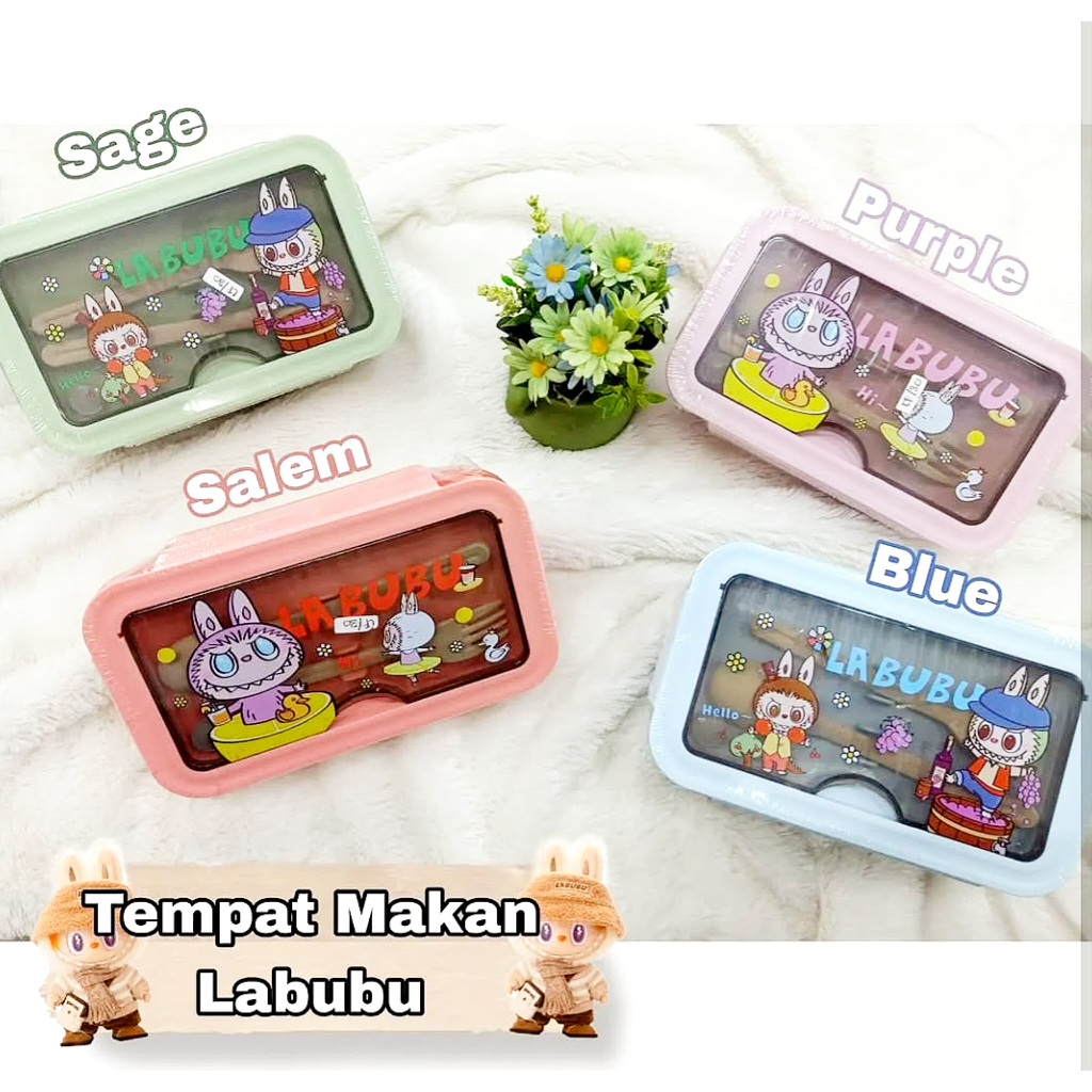 

Veiso_Lunch Box 1100ml Set Kotak Bekal Motif Labubu Karakter lucu free sendok dan garpu.