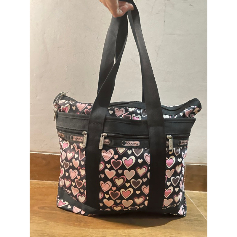 Lesportsac Lesportsac Bag Tote Nilon Pola Hati Hitam Pink /AK27 Wanita preloved