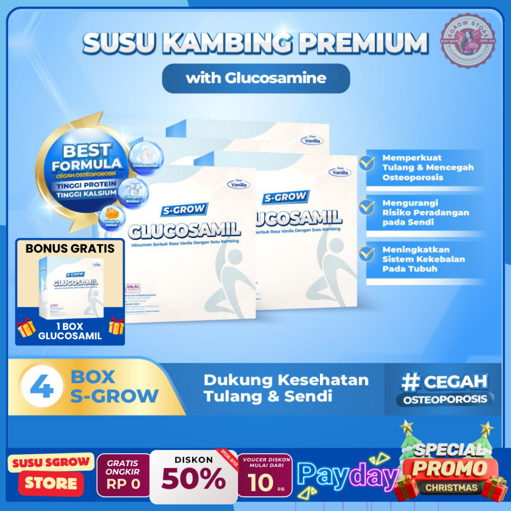 

S-GROW GLUCOSAMIL 4 BOX Untuk Nyeri Sendi & Tulang | Susu Bubuk Dewasa Vanila | Susu Kambing Premium