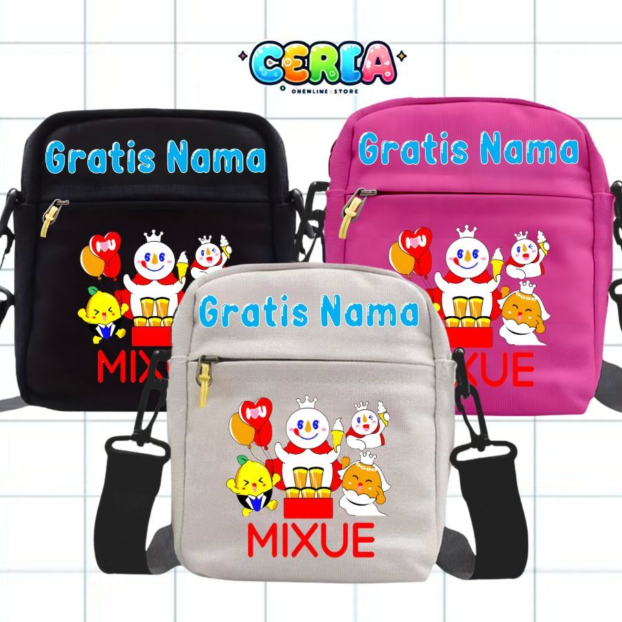 Tas Selempang Sekolah Anak Tk Sd Motif Maskot/Logo Mixue Es Krim Tas Waistbag Serut Free Custom Nama