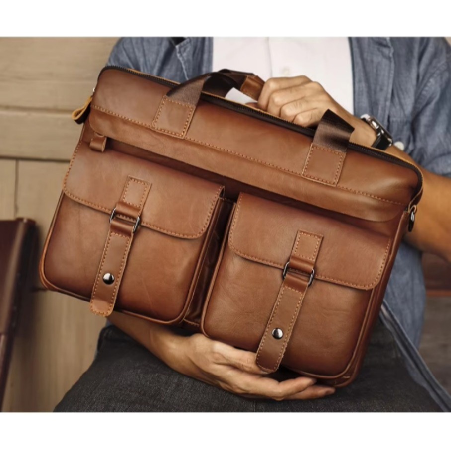 Tas Kantor Pria Kulit Asli -  Tas Laptop 15 Inch Tas Kerja Kulit Asli