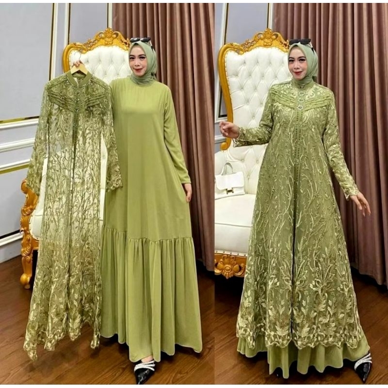 Gamis Pesta Wanita Jumbo M L XL XXL 3xl 4xl ld 100-140// Inara Dress Set Auter Brukat