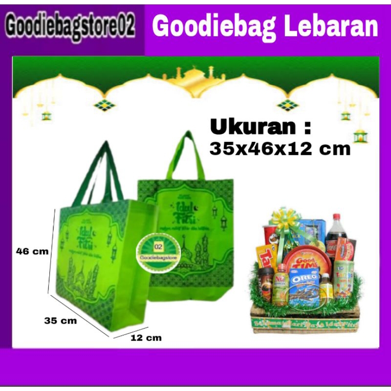 

12 Pcs, Tas Spunbond Lebaran Goodiebag Ukuran 35x46x12 cm,tas Kain Belanja Custom Lebaran Sablon 2 warna