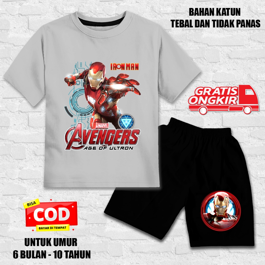 Setelan lengan pendek anak laki laki perempuan set kaos anak katun dtf celana hitam iron man 2