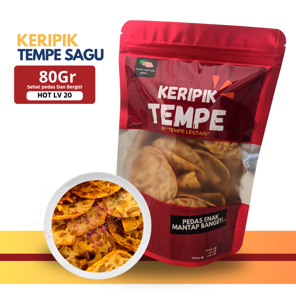 

Keripik Tempe Sagu Vegan Rasa Pedas Level 20 Varian 80 Gram