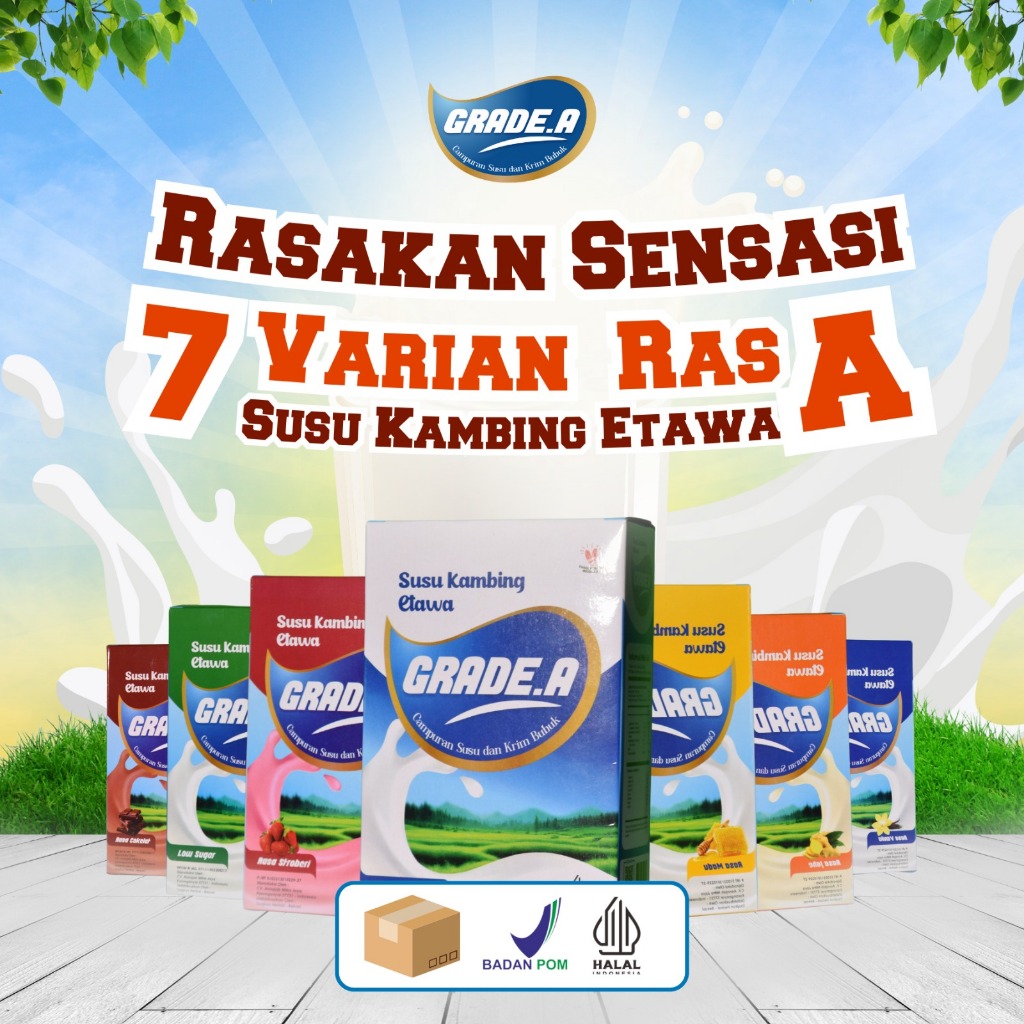 

SUSU KAMBING ETAWA GRADE A KEMASAN 200GR DENGAN 7 VARIAN RASA YANG LEZAT