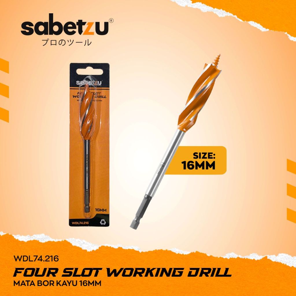 SABETZU Mata Bor Kayu 16mm Auger Bit Three Point Four Slot Wood Working Drill Hex Handle 1/4" As Hex