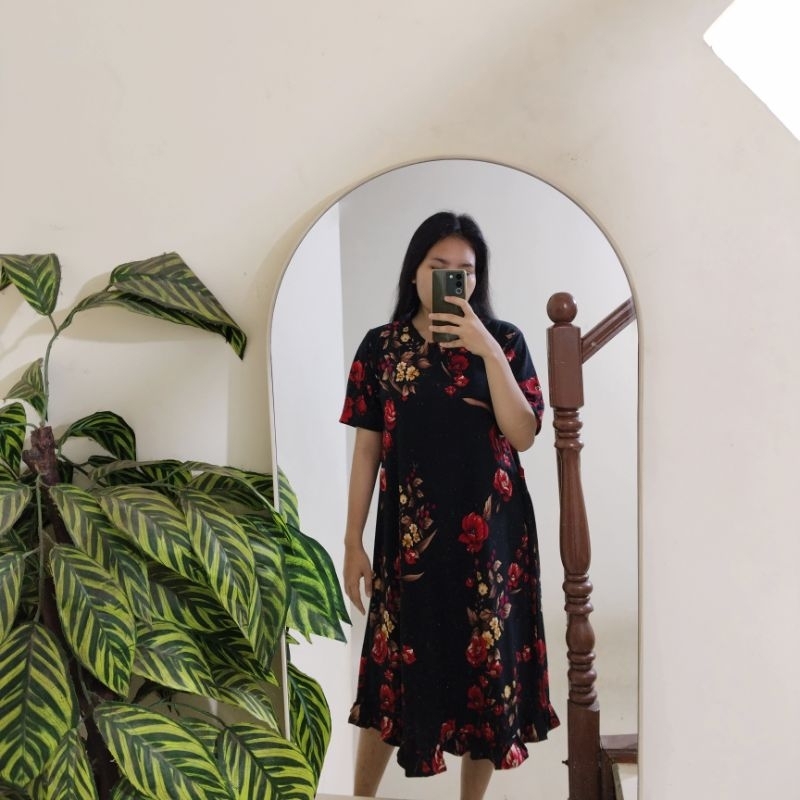 SA Daster Jersey Waffle Motif Bunga Lengan Pendek Resleting Depan Rempel Bawah Baju Tidur Wanita