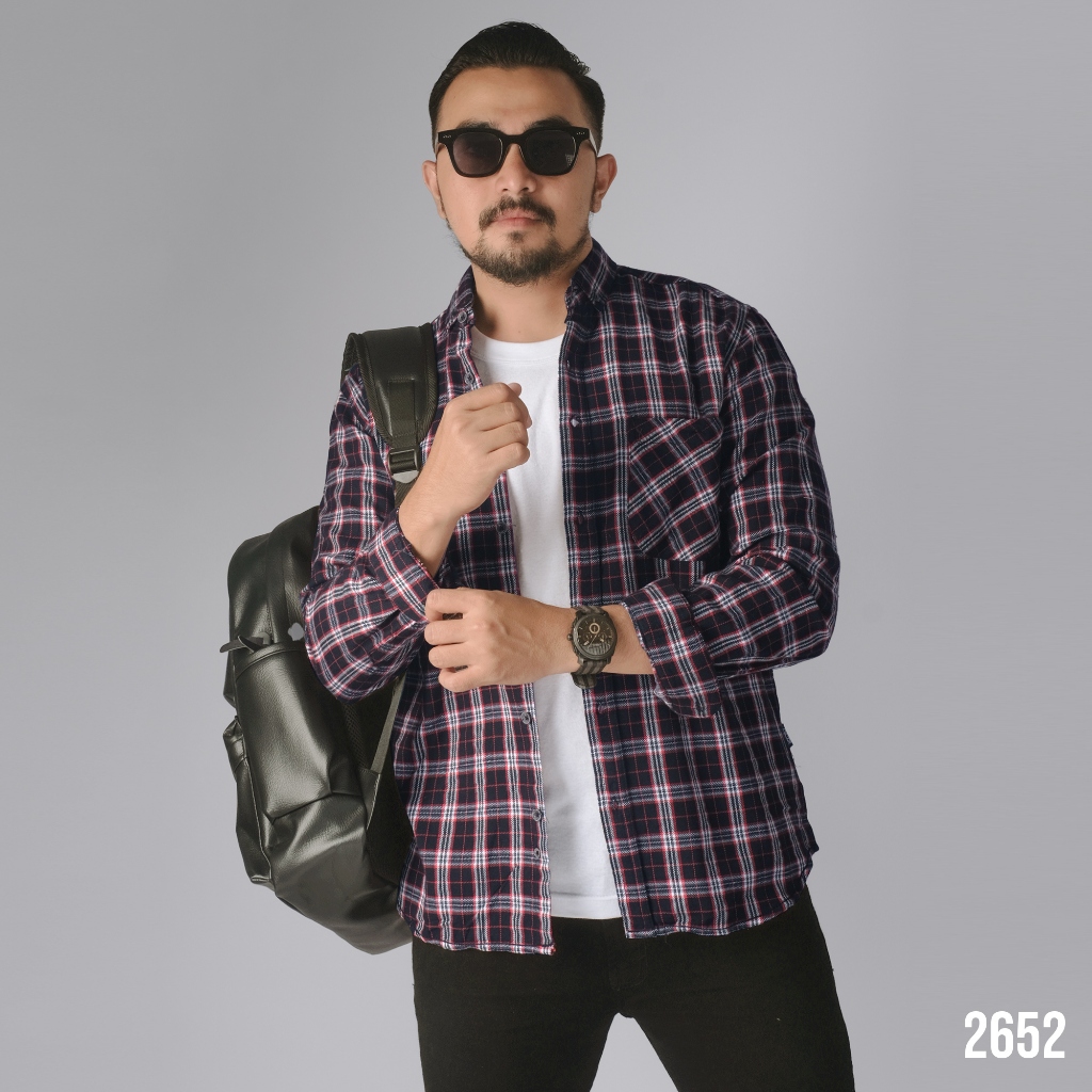 DGM Kemeja Pria Flanel Panjang Premium Kotak Kotak Kemeja Flanel Hitam Merah 2652
