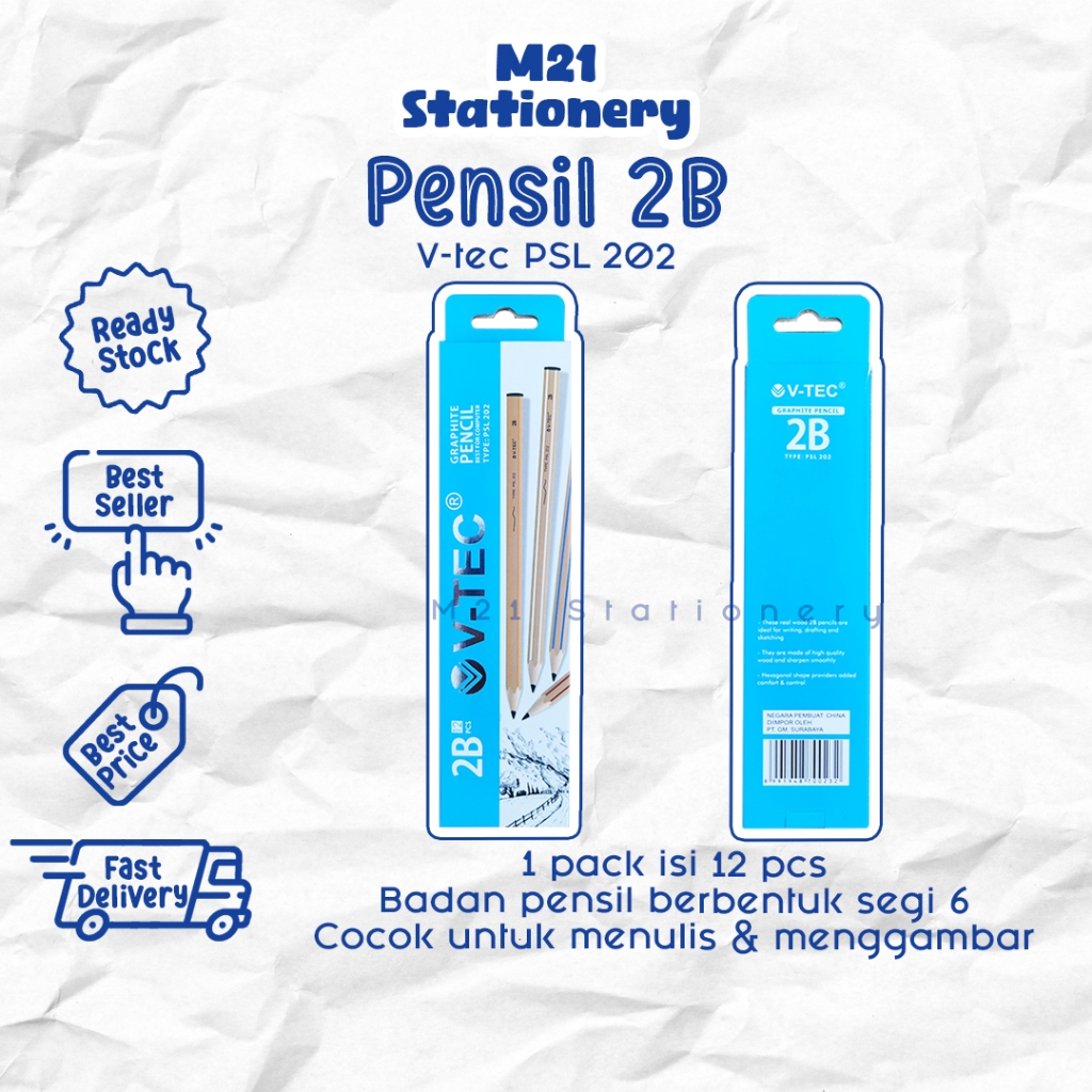 

(12 PCS) PENSIL 2B V-TEC PSL 202 / 1 pack pak vtec psl202 pencil kayu pena original menulis graphite menggambar sket sketch anak alat tulis sekolah kuliah atk kantor stationery murah / m21 stationery jogja