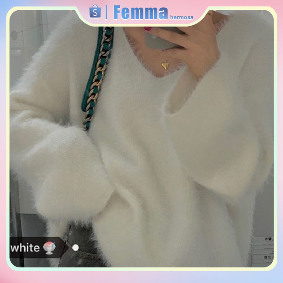 V-neck sweater Gaya lembut bulu imitasi bulu  pullover wanita pakaian luar longgar
