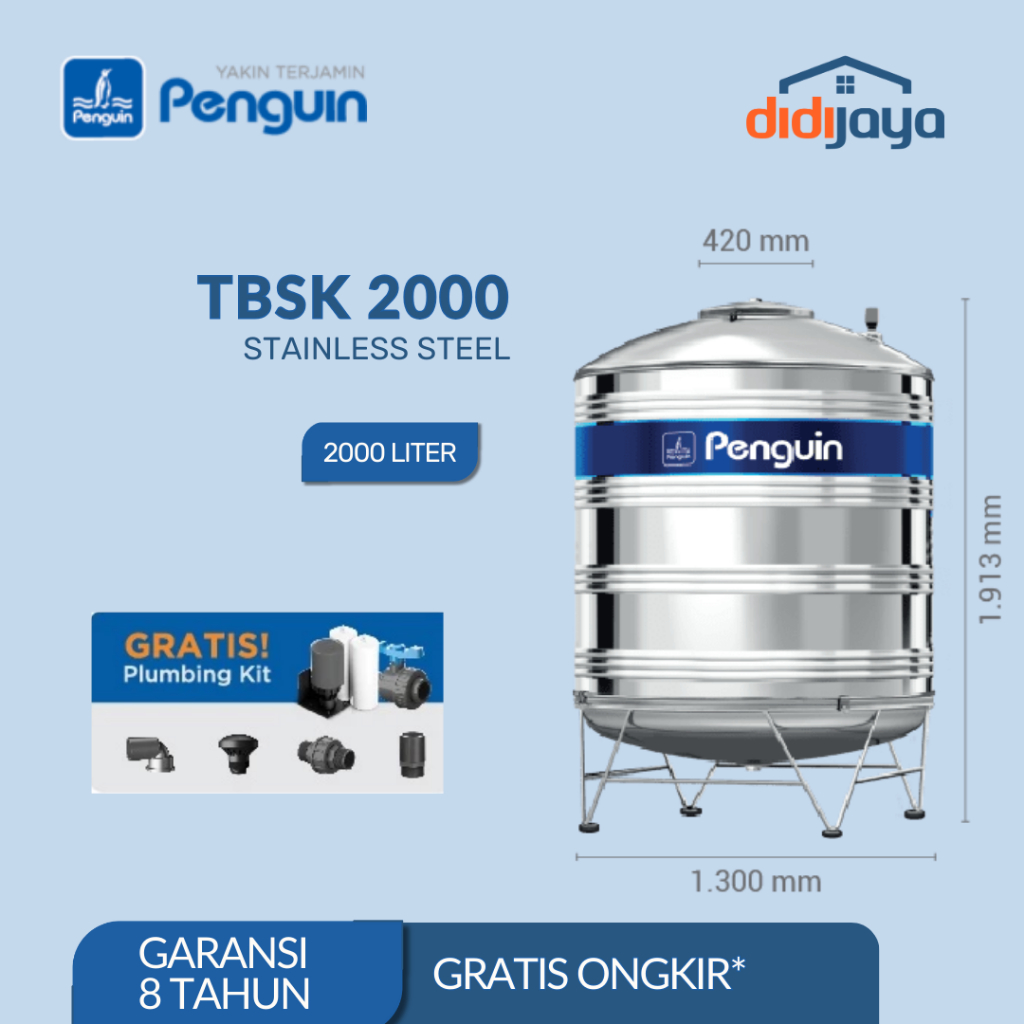 Tangki Air Stainless Steel 2000 Liter Penguin | Toren Air | Tandon Air Stainless Steel TBSK 2000