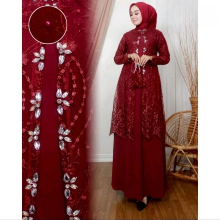 Gamis Brukat Kondangan Terbaru Yasmin Dress BO Bahan Ceruty Babydoll Mix Brukat Lingkar Dada 100-130