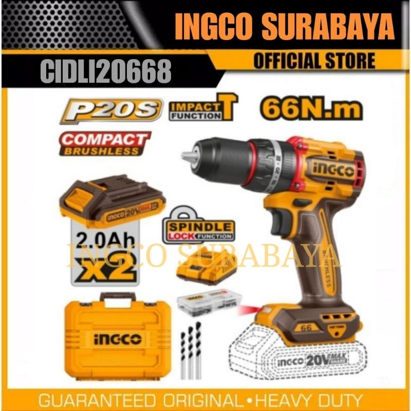 INGCO CIDLI20668 P20S IMPACT DRILL CORDLES BRUSHLESS 13MM 66NM MESIB BOR KAYU BESI TEMBOK BETON BATE