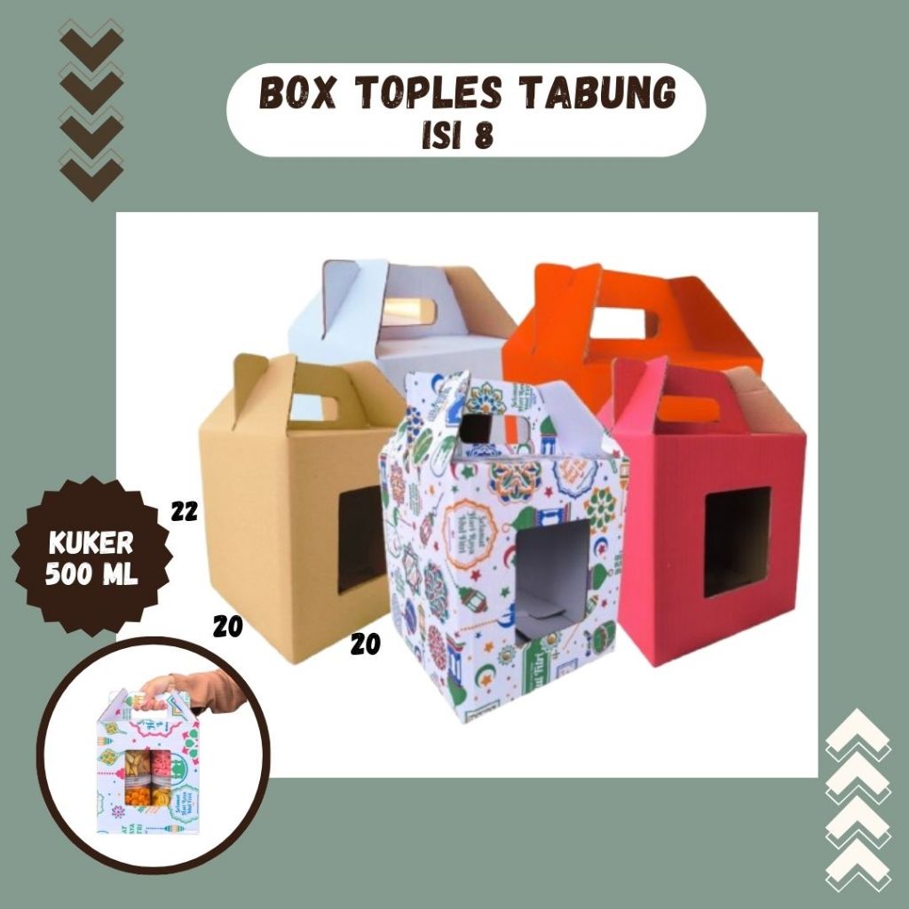

Box 20x20x22 Jinjing (KUKER TOPLES JAR 500ml ISI 8) Kardus Idul Fitri Lebaran Hampers/Ied Mubarak/Box Boneka/Hampers Kue Kering
