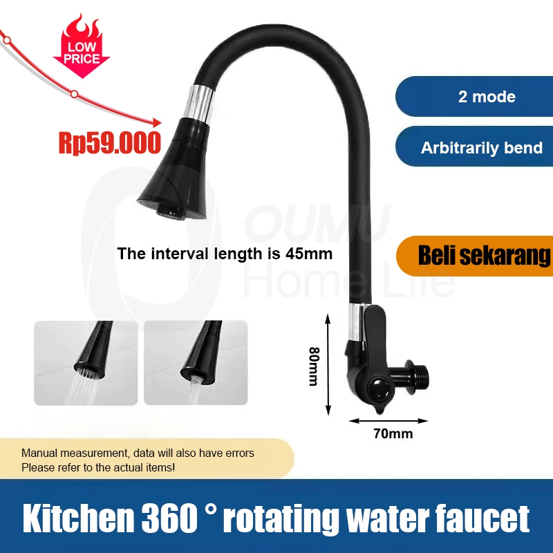 Kran Angsa Fleksibel/Kran Cuci Piring Hitam/Kran Cuci Piring Dinding/Kran Wastafel/Kran Air 2 Mode