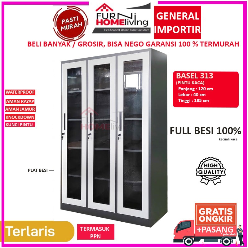 (kurir toko) Lemari Arsip Besi Filing Cabinet Besi 3 Pintu BASEL 313 Pintu 3 Kaca