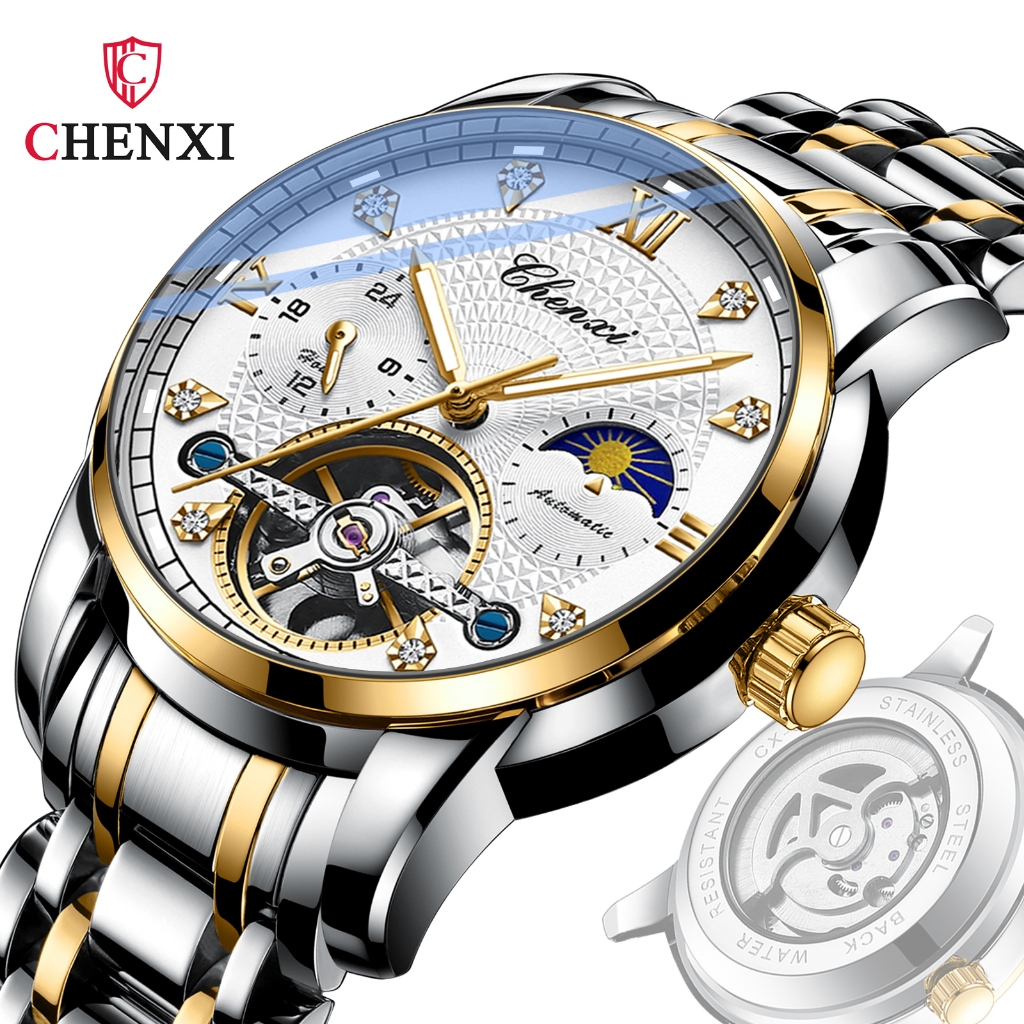 Jam Tangan Otomatis CHENXI 8870 Pria dewasa cowok terbaru Stainless Steel Analog Tanggal kasual fash