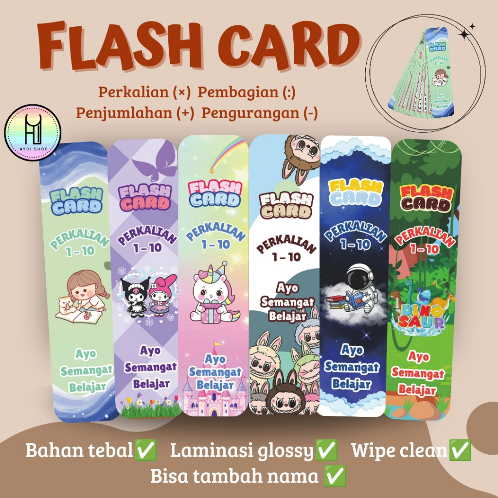 

1-10 FLASH CARD MATEMATIKA PERKALIAN/PEMBAGIAN/PENJUMLAHAN/PENGURANGAN KARTU LABUBU KUROMI DINOSAUR UNICORN ASTRONOT
