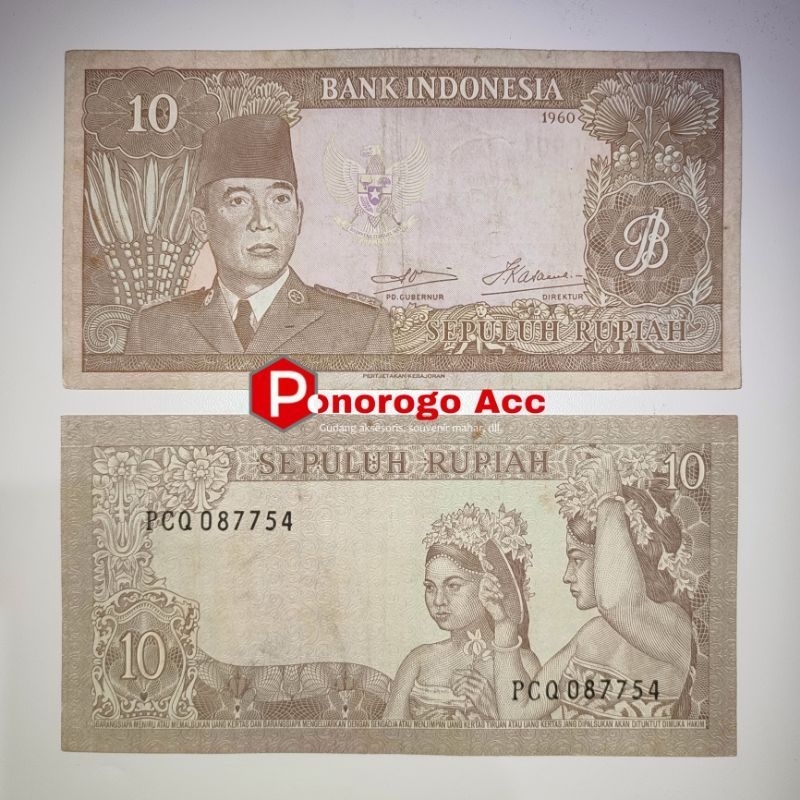 (USED&GRESS) Uang kuno 10 rupiah sukarno tahun 1960 asli indonesia rp.10 soekarno th 1960 bahan maha