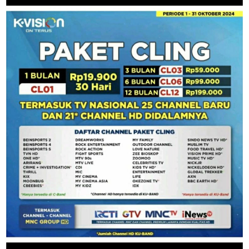 K Vision Paket Cling 6Bulan/180Hari Kvision Cartenz Bromo Gardiner Optus LG sat Kvision